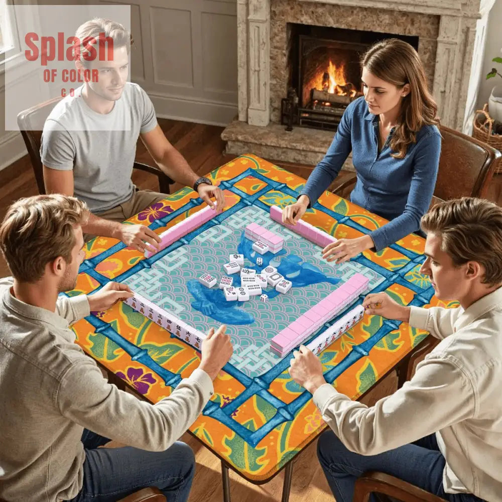 Blue Orange Floral Monkey Chinoiserie Whimsical Mahjong Mat - Daily Accessories