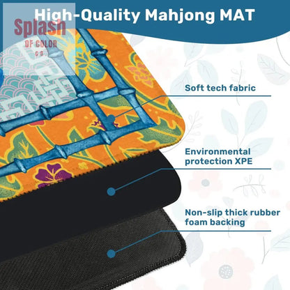 Blue, Orange Floral Monkey Chinoiserie Whimsical Mahjong Mat - Splash of Color co.