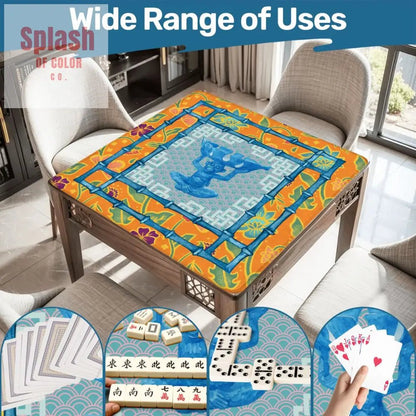 Blue, Orange Floral Monkey Chinoiserie Whimsical Mahjong Mat - Splash of Color co.