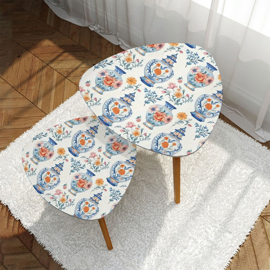 Blue White Orange Floral Asian Chinoiserie Nesting Triangle Coffee Table Set of 2 - One Size - Home Accessories