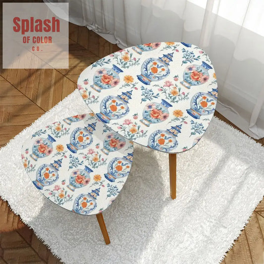 Blue White Orange Floral Asian Chinoiserie Nesting Triangle Coffee Table Set of 2 - One Size - Home Accessories