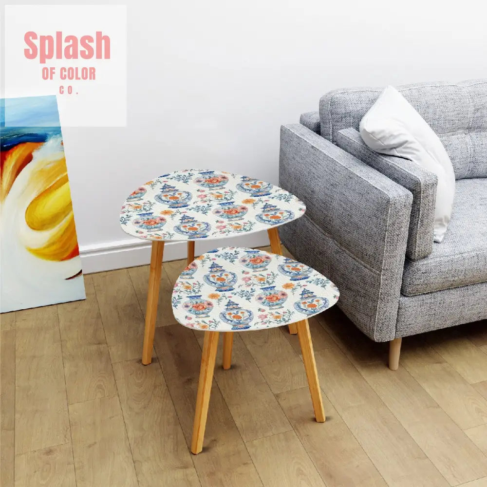 Blue White Orange Floral Asian Chinoiserie Nesting Triangle Coffee Table Set of 2 - One Size - Home Accessories
