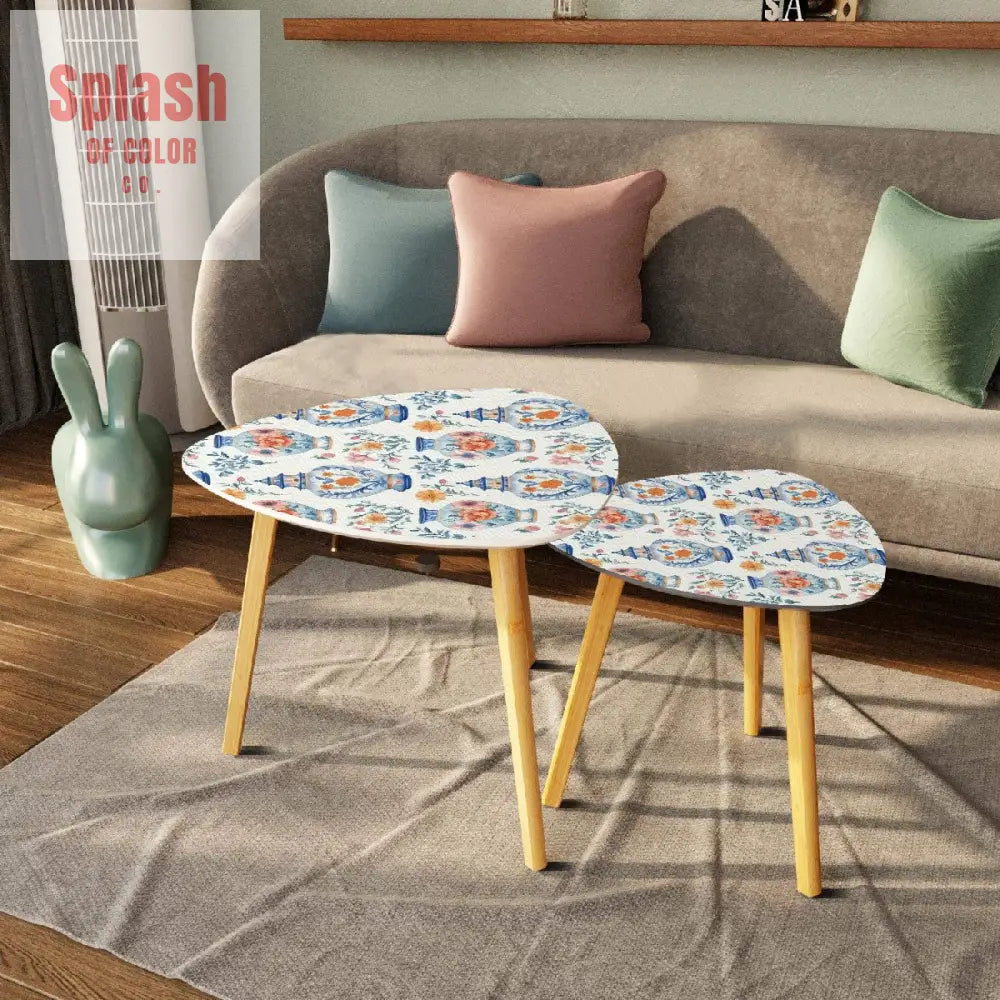 Blue White Orange Floral Asian Chinoiserie Nesting Triangle Coffee Table Set of 2 - One Size - Home Accessories