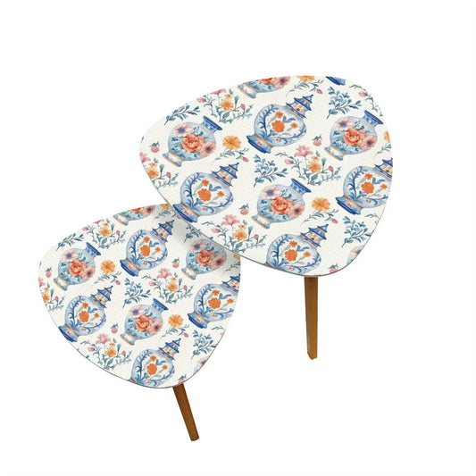 Blue White Orange Floral Asian Chinoiserie Nesting Triangle Coffee Table Set of 2 - One Size - Home Accessories