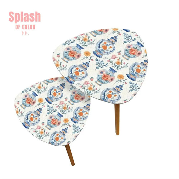 Blue White Orange Floral Asian Chinoiserie Nesting Triangle Coffee Table Set of 2 - One Size - Home Accessories