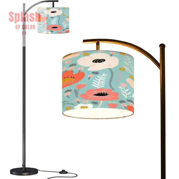 Bohemian Flower Shade Blue White Orange Poppy Flower Arc Floor Lamp - One Size - Floor Lamps