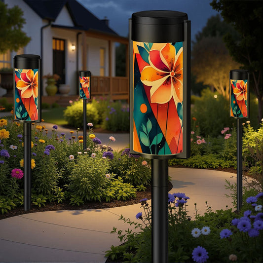 Bohemian Modern Flower Orange Teal Yellow Outdoor Garden Solar Lights - 4pcs - Garden Decor