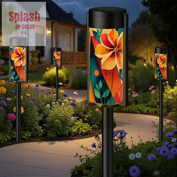 Bohemian Modern Flower Orange Teal Yellow Outdoor Garden Solar Lights - 4pcs - Garden Decor