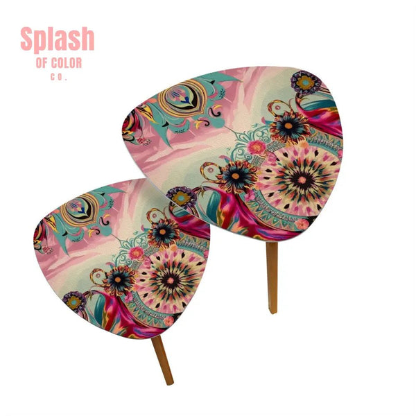 Bohemian Watercolor Bejeweled Tones Fusia Pink Blue Boho Nesting Tables One Size Home Accessories