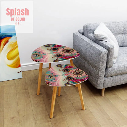 Bohemian Watercolor Bejeweled Tones Fusia Pink Blue Boho Nesting Tables One Size Home Accessories