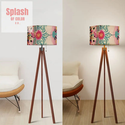 Bohemian Watercolor Pink Teal Floral Modern Tripod Floor Lamp 17.5’’x59.4’’ Floor Lamps