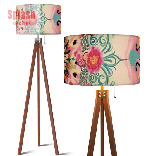 Bohemian Watercolor Pink Teal Floral Modern Tripod Floor Lamp 17.5’’x59.4’’ Floor Lamps