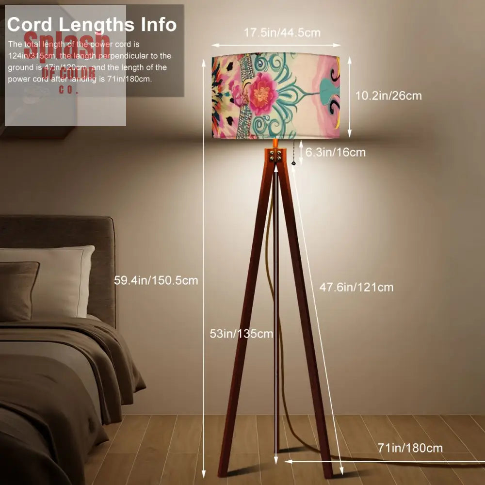 Bohemian Watercolor Pink Teal Floral Modern Tripod Floor Lamp 17.5’’x59.4’’ Floor Lamps