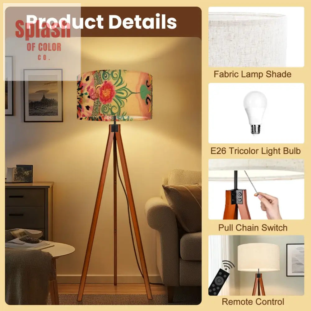 Bohemian Watercolor Pink Teal Floral Modern Tripod Floor Lamp 17.5’’x59.4’’ Floor Lamps