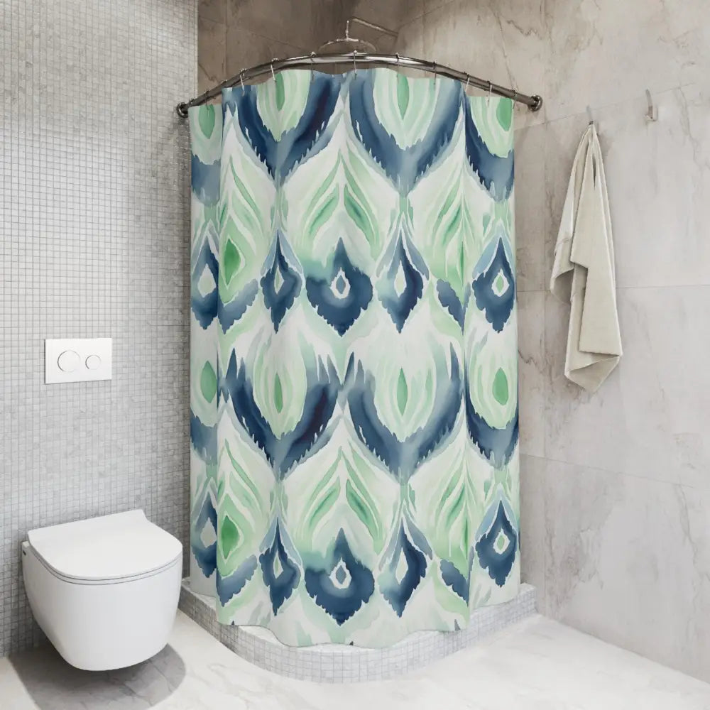 Boho Ikat Designed Shower Curtain Blue Green Abstract Ikat Watercolor Shower Curtains - Bohemian Bathroom Decor