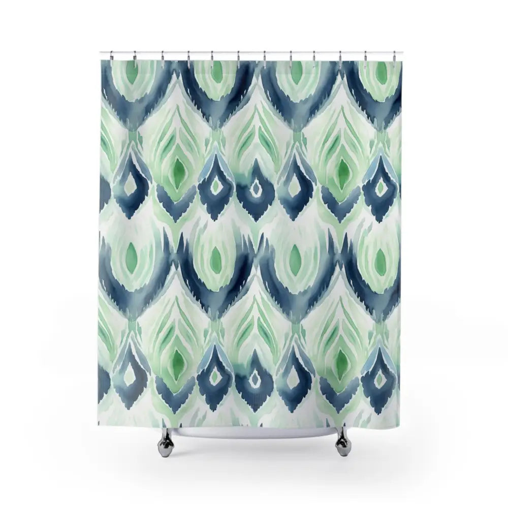 Boho Ikat Designed Shower Curtain Blue Green Abstract Ikat Watercolor Shower Curtains - Bohemian Bathroom Decor
