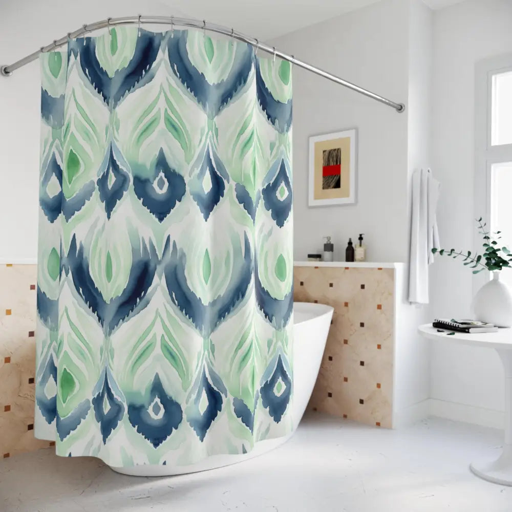 Boho Ikat Designed Shower Curtain Blue Green Abstract Ikat Watercolor Shower Curtains - Bohemian Bathroom Decor