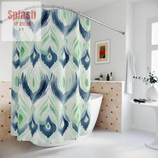 Boho Ikat Designed Shower Curtain Blue Green Abstract Ikat Watercolor Shower Curtains - Bohemian Bathroom Decor