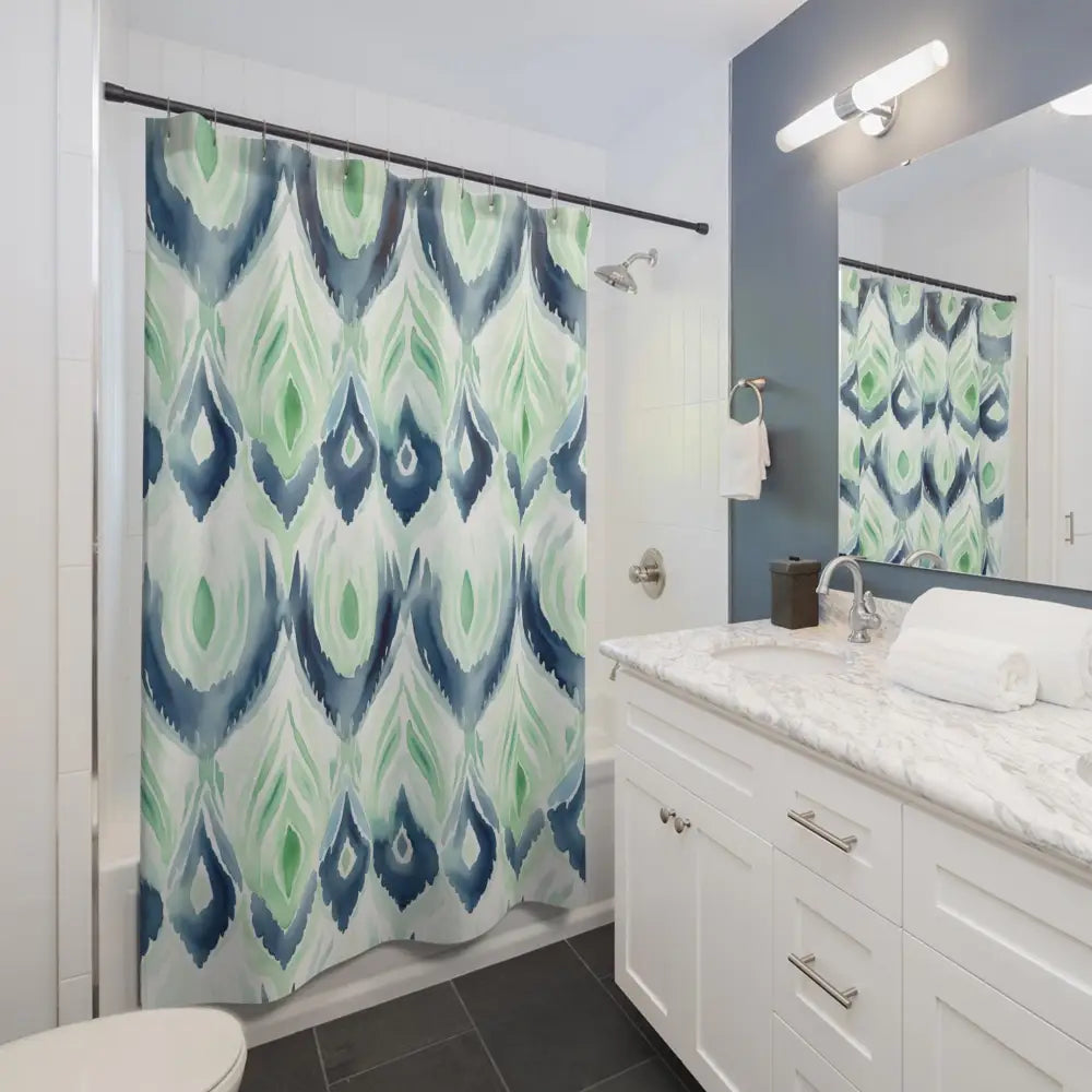 Boho Ikat Designed Shower Curtain Blue Green Abstract Ikat Watercolor Shower Curtains - Bohemian Bathroom Decor