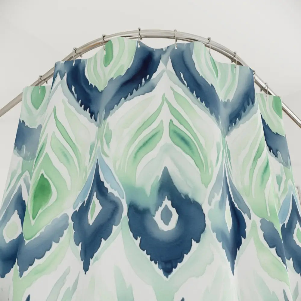 Boho Ikat Designed Shower Curtain Blue Green Abstract Ikat Watercolor Shower Curtains - Bohemian Bathroom Decor