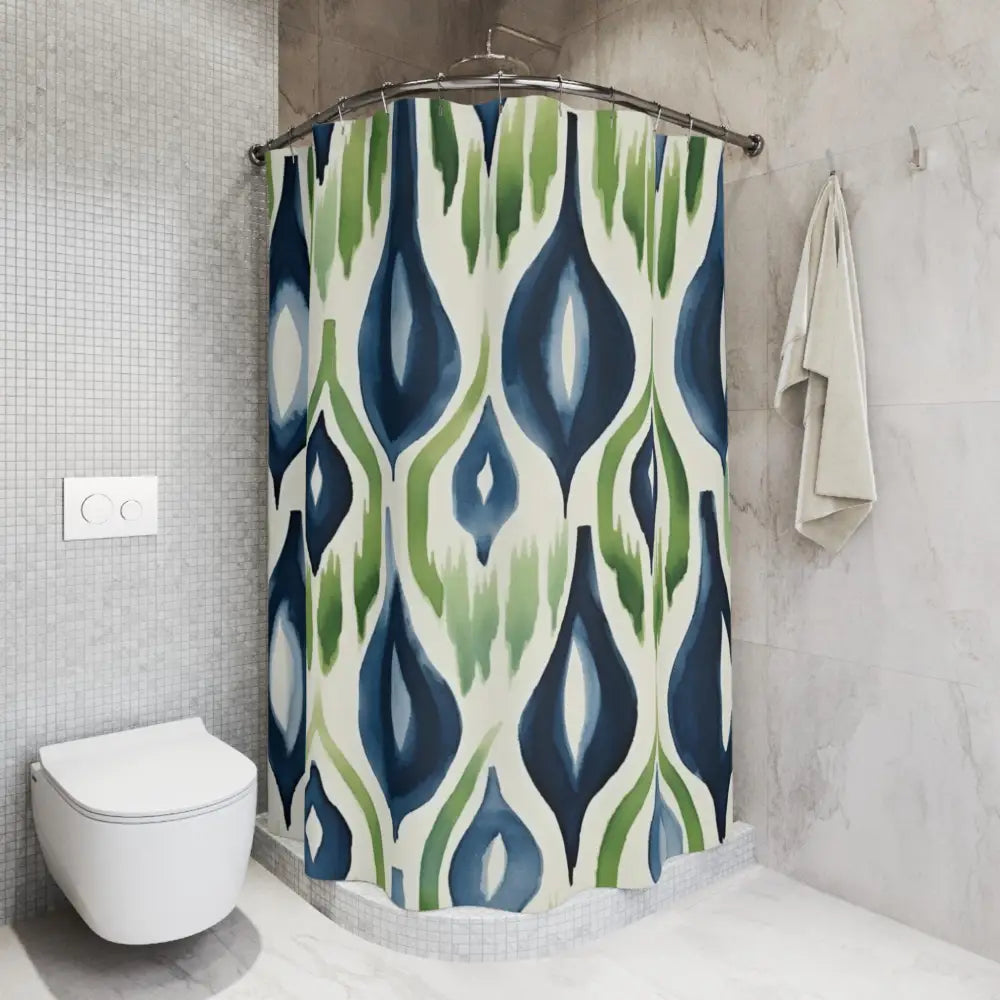 Boho Ikat Shower Curtain Navy Blue Green Ikat Abstract Bohemian Chic Home Watercolor Pattern Modern Unique Design