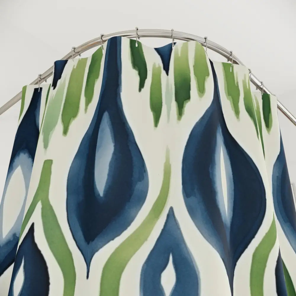 Boho Ikat Shower Curtain Navy Blue Green Ikat Abstract Bohemian Chic Home Watercolor Pattern Modern Unique Design