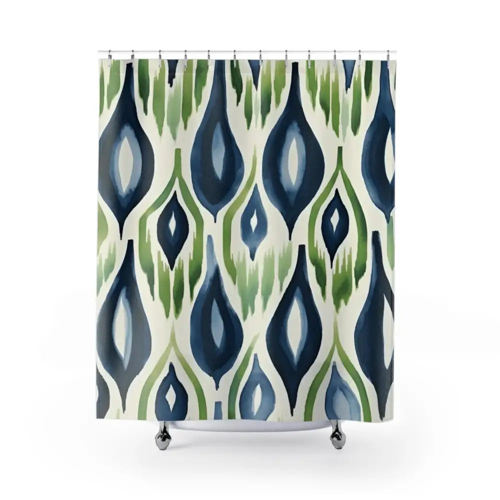Boho Ikat Shower Curtain Navy Blue Green Ikat Abstract Bohemian Chic Home Watercolor Pattern Modern Unique Design