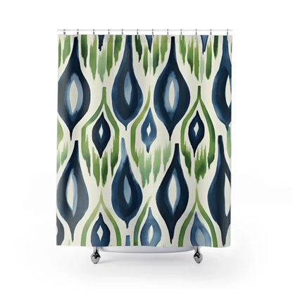 Boho Ikat Shower Curtain Navy Blue Green Ikat Abstract Bohemian Chic Home Watercolor Pattern Modern Unique Design