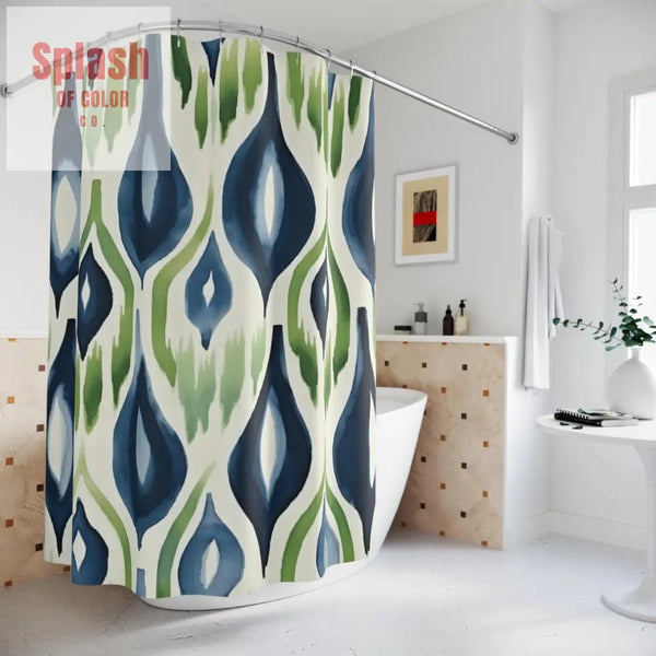 Boho Ikat Shower Curtain Navy Blue Green Ikat Abstract Bohemian Chic Home Watercolor Pattern Modern Unique Design