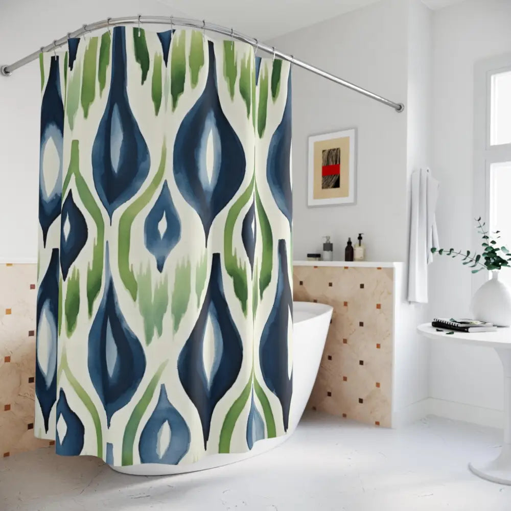 Boho Ikat Shower Curtain Navy Blue Green Ikat Abstract Bohemian Chic Home Watercolor Pattern Modern Unique Design