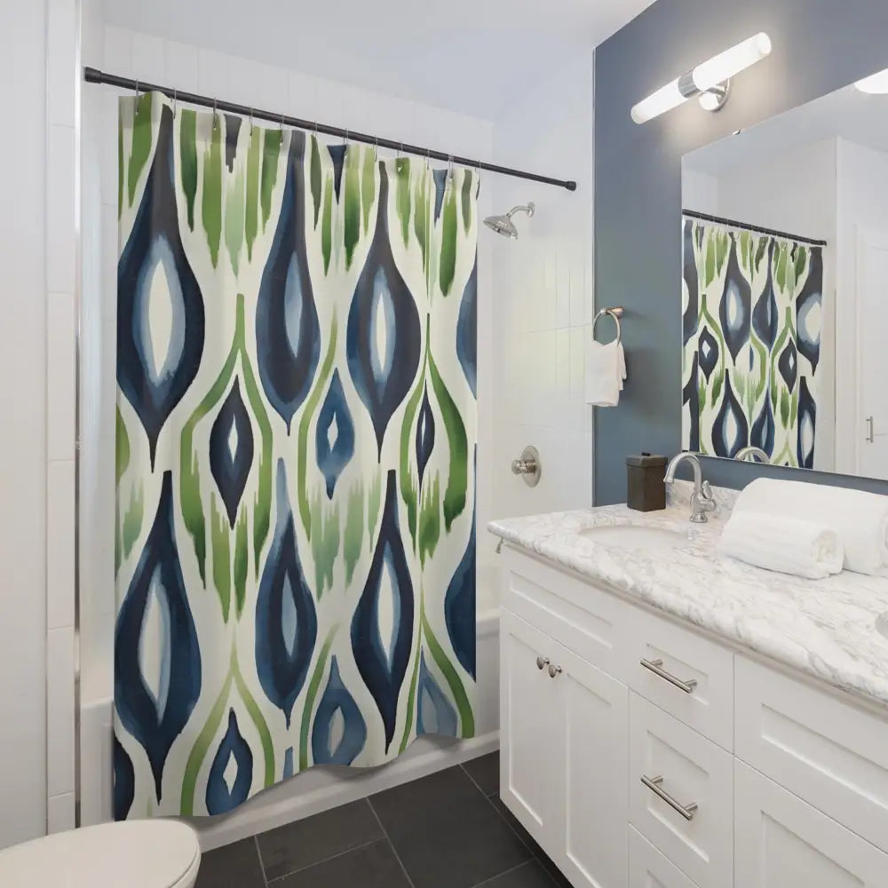 Boho Ikat Shower Curtain Navy Blue Green Ikat Abstract Bohemian Chic Home Watercolor Pattern Modern Unique Design
