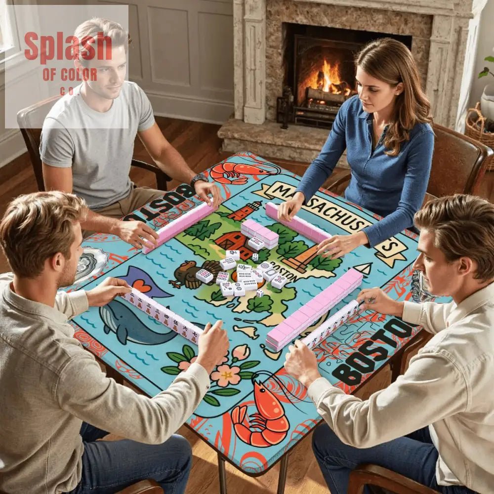 Boston Massachussets Mahjong Mat, Whimsical Playful Orange, Blue Motif - Splash of Color co.