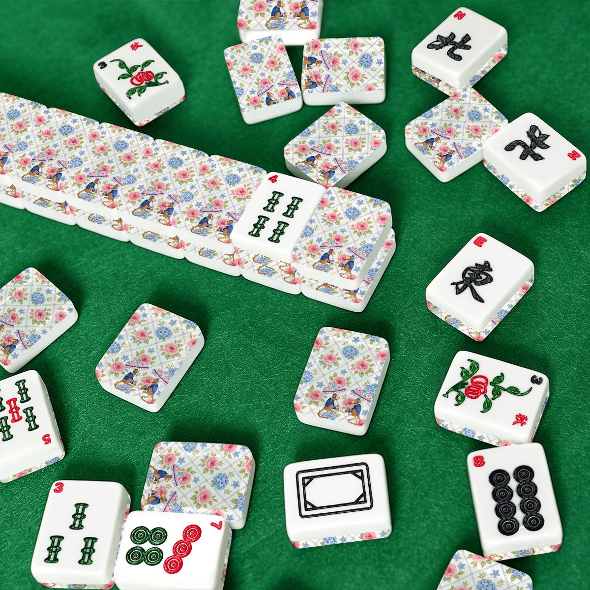 Mahjong Monkey Floral Asian Chinoiserie Hydrangea American Mahjong Tiles And Carry Case - Splash Of Mahj And Color Co.