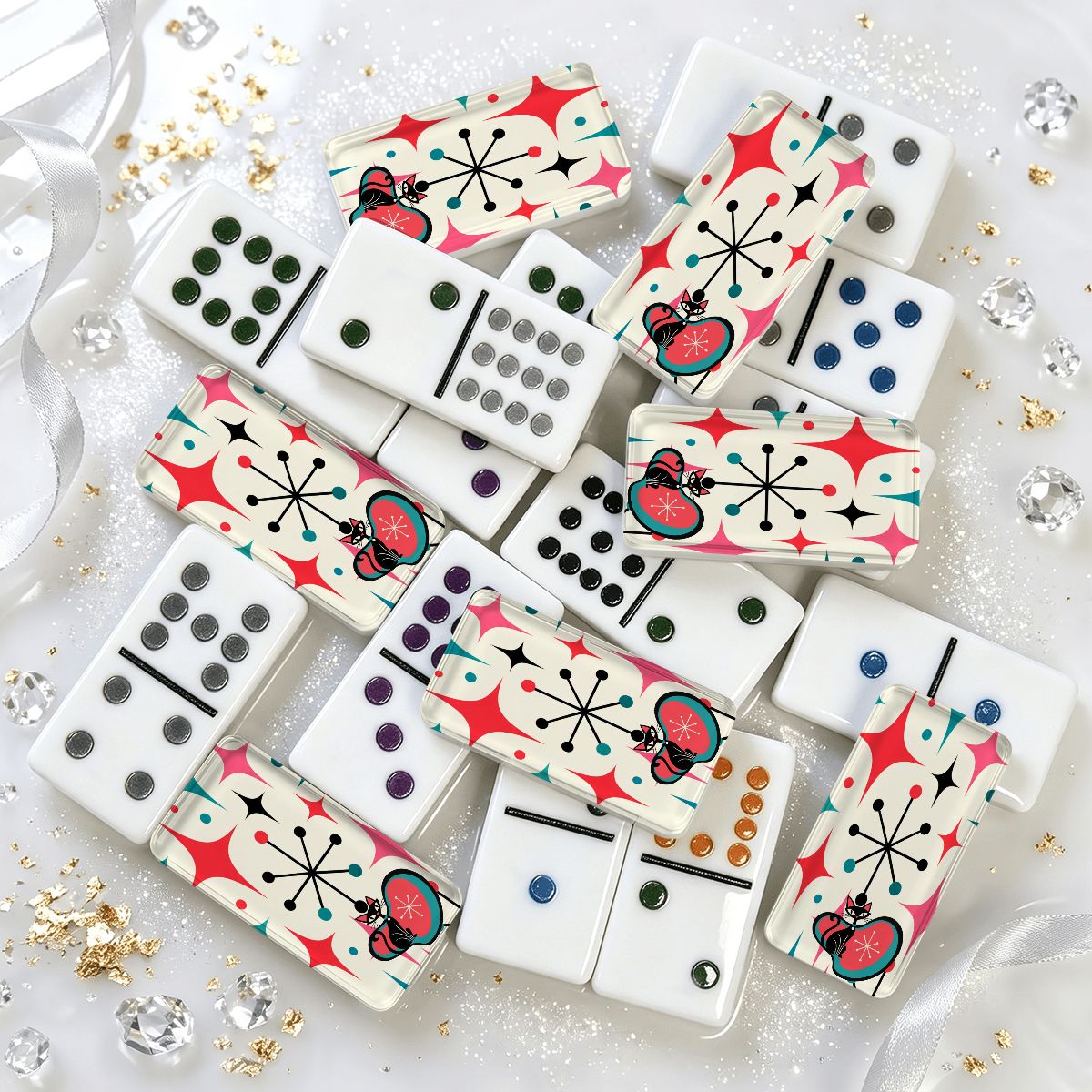 The Cat's Meow Modcentric Double 12 Mexican Train Dominoes Set - Splash Of Mahj And Color Co.