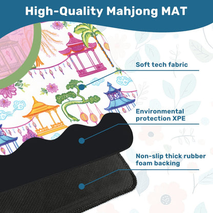 Chinoiserie Asian Gardens, Pagoda, Lantern Lavender And Blue Scalloped Mahjong Mat - Splash of Color Co.