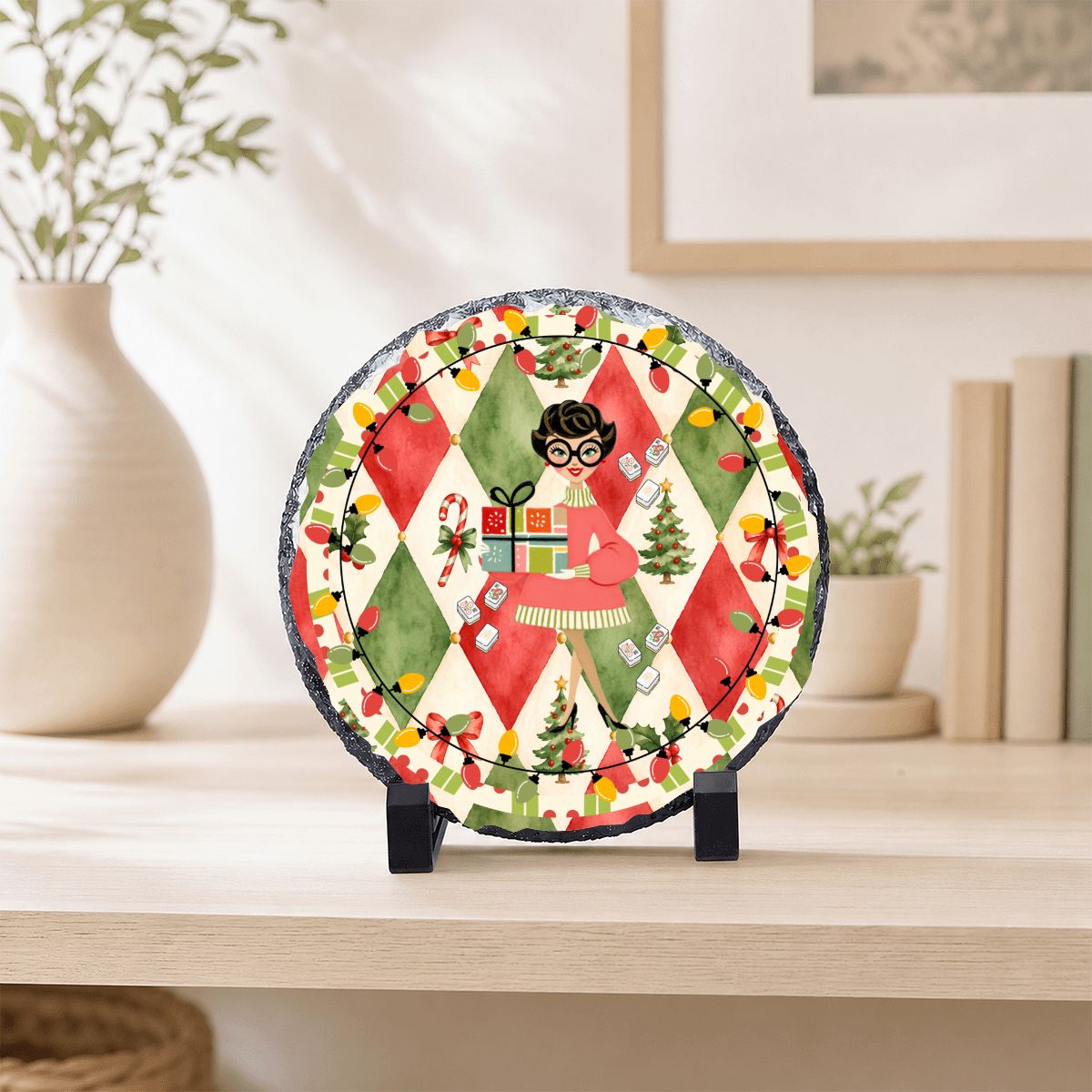 Mod Mahjong Merriment Round Photo Rock Slate Frame
