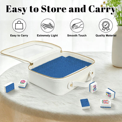 Modern Geometric Blue Chinoiserie Pastel Engraved Mahjong Tiles And Carry Case