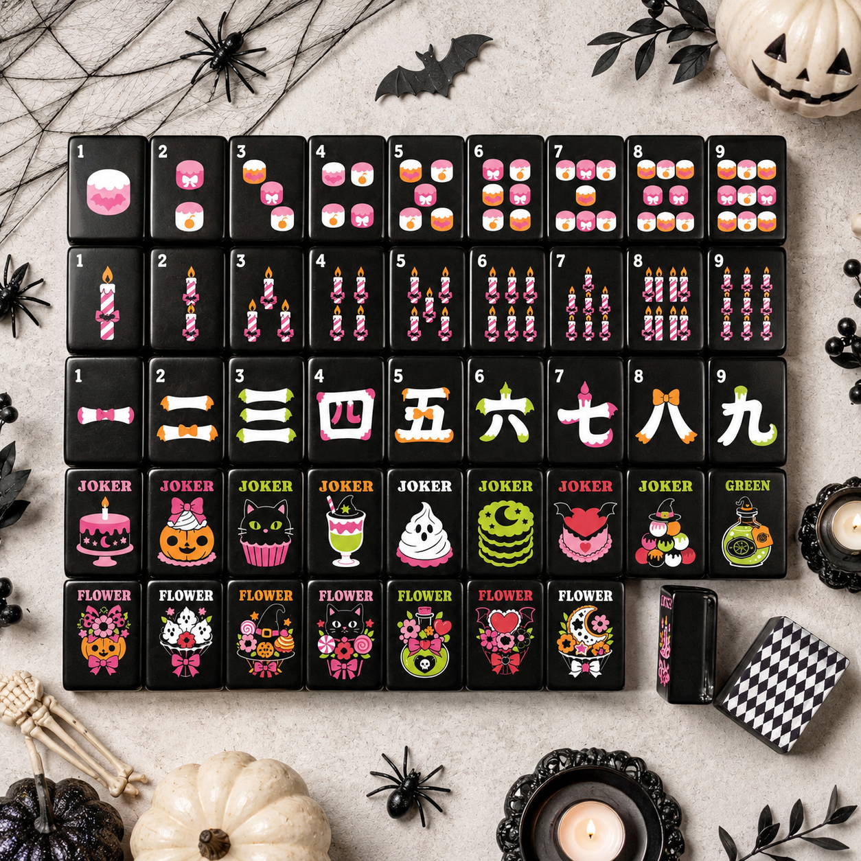 Halloween Harlequin Mahjong Engraved Tiles, Gothic Dessert With Carry Case
