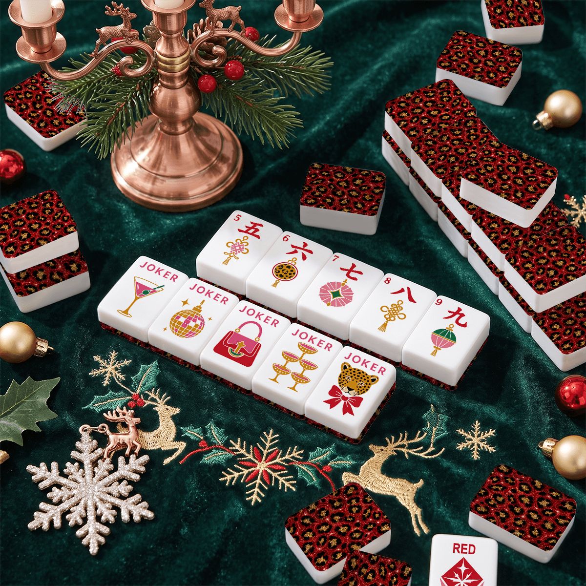 Christmas Blitz And Bling Leopard Print Glam Holiday Christmas Mahjong Tiles And Carry Case - Splash Of Mahj And Color Co.