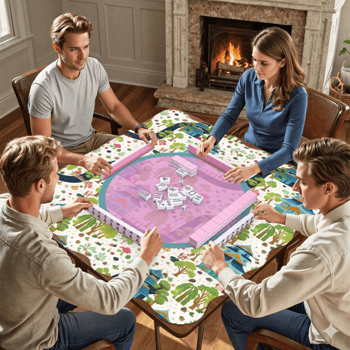 Mahjong Mat Chinoiserie Pagoda Asian Garden Scalloped - Splash of Color Co.