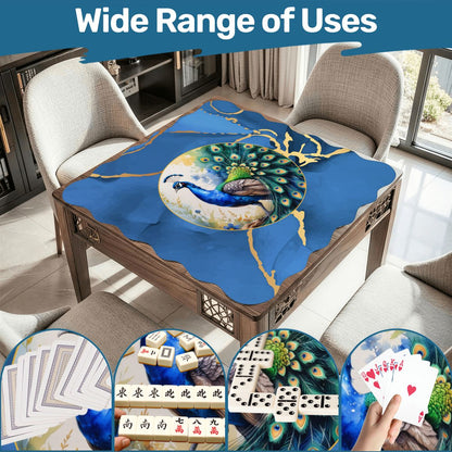 Blue Gold Gilded Peacock Scalloped Mahjong Mat