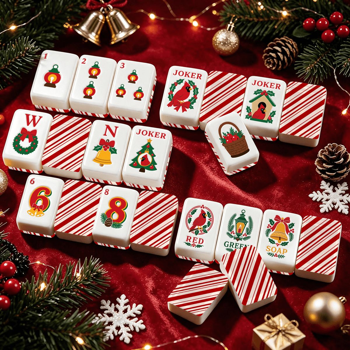 Candy Cane Nostalgic Christmas Cardinal American Mahjong Tiles And Carry Case