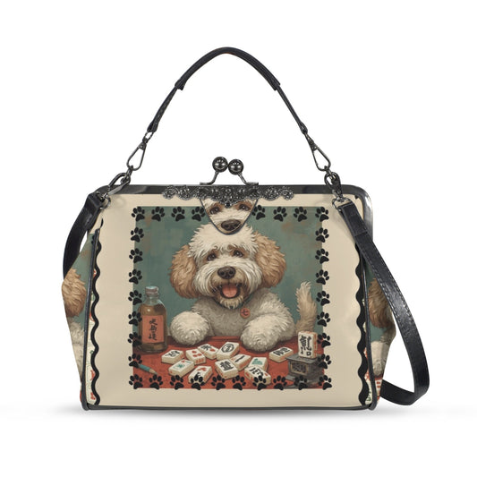 Mahjong Doodle Dog, Whimsical Vintage Style Kisslock Crossbody Shoulder Bag - Splash of Color Co.