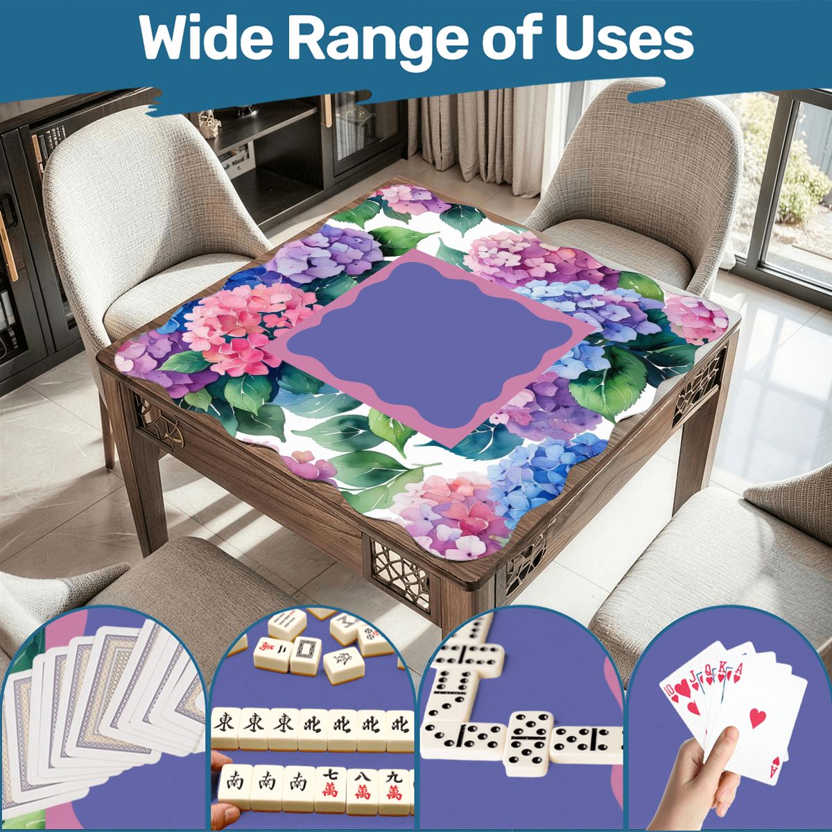 Watercolor Blooming Hydrangeas Scalloped Mahjong Mat - Splash of Color Co.