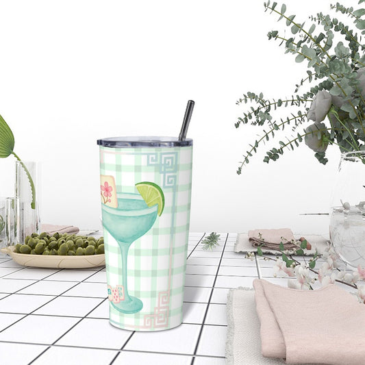 Mahjong Tumbler Gift Green Pink Gingham Preppy Stainless Steel Insulated Tumblers with Lid & Straw