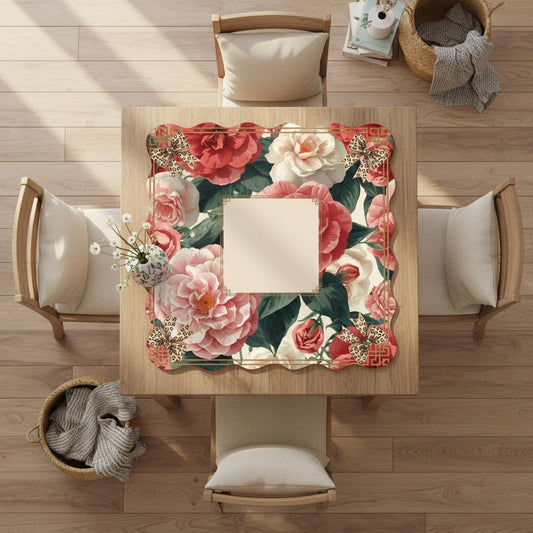 Floral Charleston Camellias Scalloped Mahjong Mat - Splash of Color Co.
