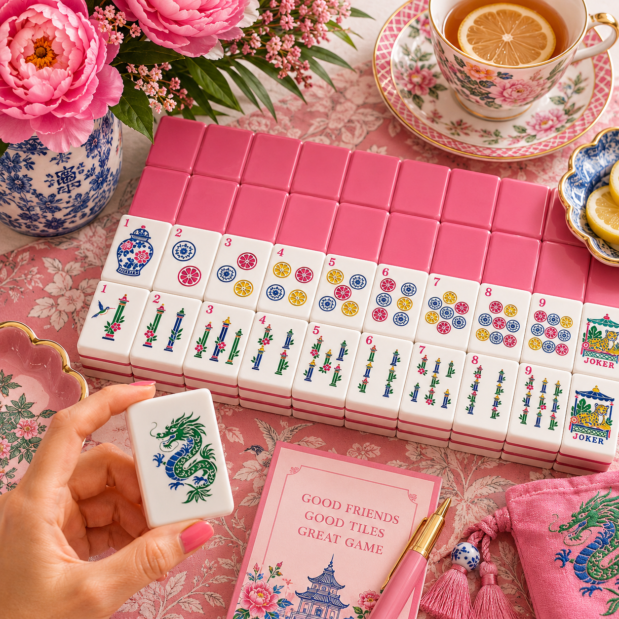 Bubblegum Pink Chinoiserie Pastel Mahjong Tiles With Carry Case
