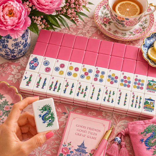 Bubblegum Pink Chinoiserie Pastel Mahjong Tiles With Carry Case - Splash Of Mahj And Color Co.