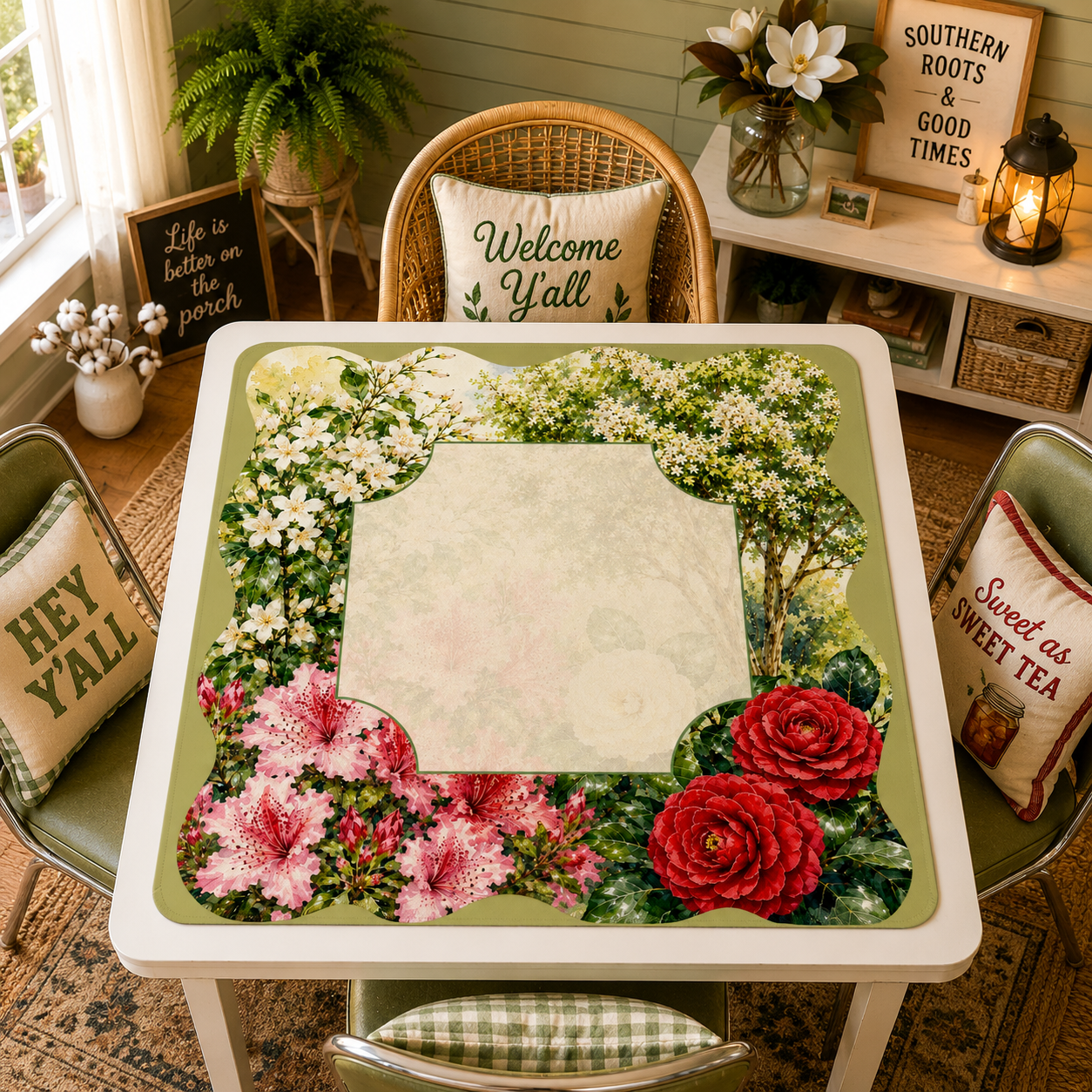 Southern Garden Mahj Mahjong Mat, Cameillias, Azaleas, Jasmine, Crepe Myrtle