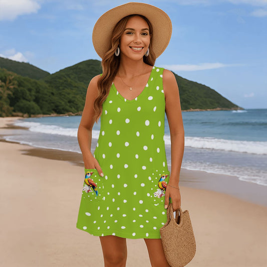 Green And White Polka Dot Bam Bird Preppy Mahj Women's Sleeveless Dress with Pockets - Splash of Color Co.